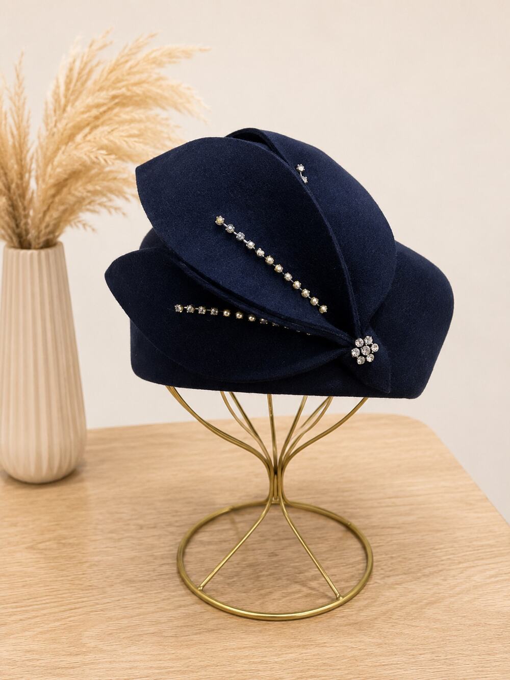 Navy Blue 100% Wool Cocktail Fascinator Pillbox Hat Rhinestone Accent Formal Hat